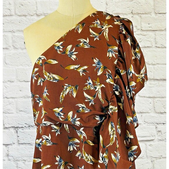 Soncy Dress Size 12 One‎ Shoulder Asymmetrical Fitted Ruffle Floral Brown NWT - Picture 3 of 13